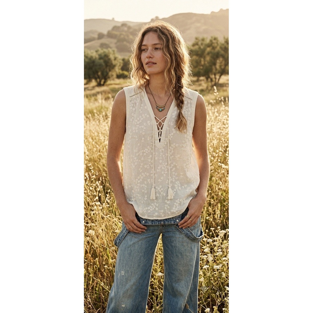 Maeve Anthropologie Embroidered Tie Front Blouse Sz 6 White Boho Cottagecore